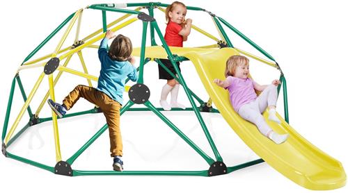COSTWAY Klimkkoepel met glijbaan, klimrek in koepelvorm met stoffen platform, 180 kg belastbaarheid, outdoor en indoor speelplaats voor kinderen vanaf 3 jaar (groen + geel, Ã˜ 183 cm)