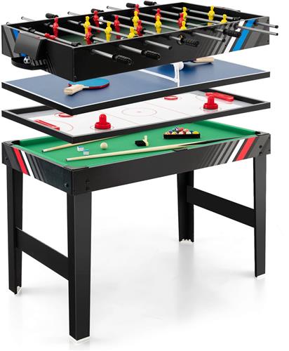 COSTWAY Multispeeltafel, 4-in-1 tafelvoetbaltafel met biljart, airhockey, tafeltennis, multifunctionele tafel, tafelvoetbalaccessoires, voor thuisspeelkamer, feestbars