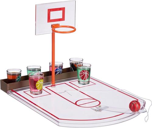 Relaxdays basketbal drinkspel met 6 glaasjes - zuipspel - drankspel basket - shotglas game