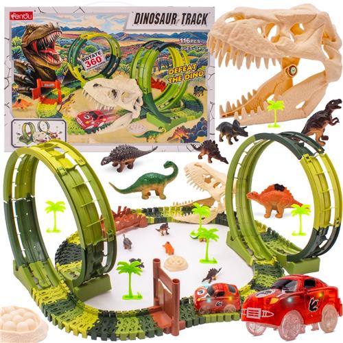 sun baby Elektrische Dino-Racebaan 3+  116 onderdelen, auto, dinosaurusfiguren, tunnel, brug, nest met eieren, bomen, stickers