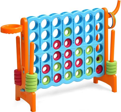 COSTWAY Enorme 4 wint speelset met basketbalkorf en werpspel, incl. 42 jumbo-ringen en schuifregelaar om snel opnieuw te starten, vier in een rij spel groot (blauw + oranje)