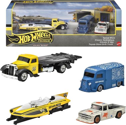 Hot Wheels Premium Collector Set - 4 Die-Cast - Speed Waze, Classic Hydroplane, Citroen H Van, Toyota Stout Drift Truck