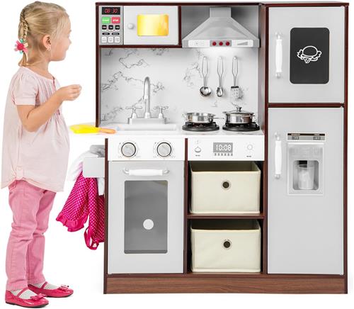 COSTWAY Kinderkeuken, speelkeuken met licht & geluid, houten keuken incl. accessoires, gootsteen, afzuigkap, magnetron, ijsmachine, bord, speelgoedkeuken voor kinderen vanaf 3 jaar