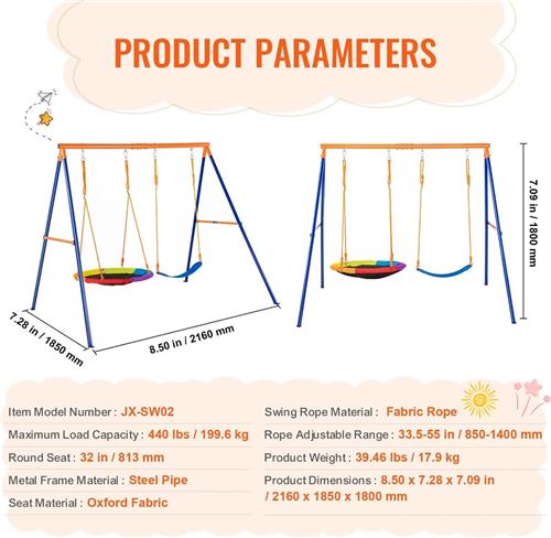 Schommel - 2 Persoons - Staal, Oxford - 185x216x180 cm