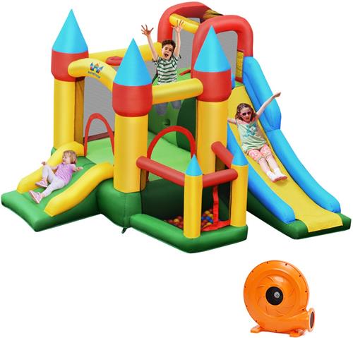 COSTWAY Opblaasbaar springkasteel met 610 W luchtblazer 2 glijbaan springkasteel outdoor bouncer speelkasteel incl. 60 oceaanballen, draagtas, palen, reparatiepakket 330x300x210cm