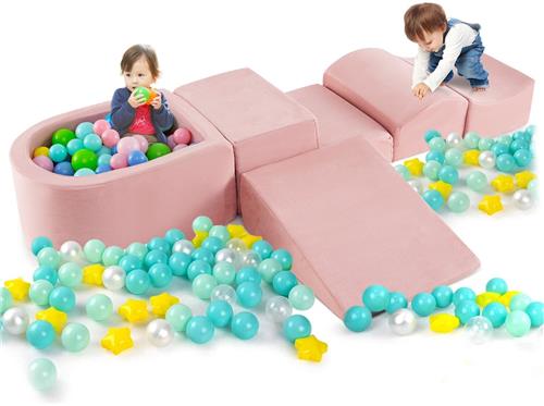 COSTWAY 5-delige schuimbouwstenen, reuzenbouwstenen met ballenbad, grote bouwstenen om te ravotten en te klimmen, klimblokken, zachte bouwstenen voor speelkamer, kinderkamer (roze)