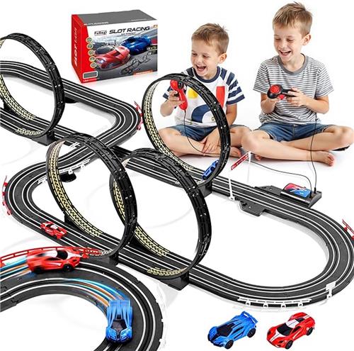 Elektrische Slotracebaan voor Kinderen 7,5M  Racebaan Set met 2 Hogesnelheidsautos, Loopings & Rondeteller  Schaal 1:64