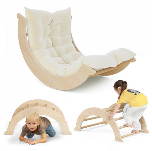 Allecto - Klimrek - Peuters - Hout - Speelgymnastiek - Kinderkamer - Binnen - Montessori - Kussen - 2-in-1 klimrek voor peuters Houten boogklimmerladder voor kinderen met gezellig kussen, kinderkamer voor binnen Montessori Speelgymnastiek