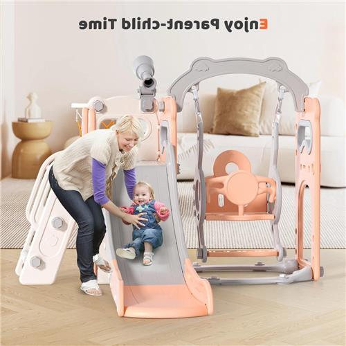 Kinderglijbaan met basketbalstandaard, klimladder en schommel - 6-in-1 multifunctioneel speeltoestel voor binnen en buiten - Blauw - Geschikt voor peuters en kleuters - Cadeau voor kinderen - Afbeeldingen - Spelplezier