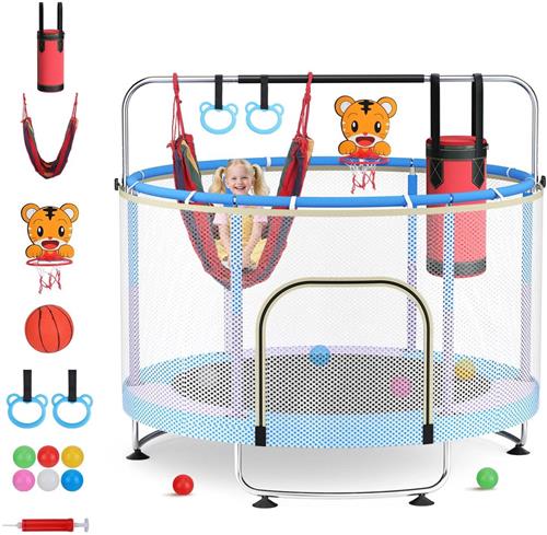 Allecto - Kindertrampoline - Baby peutertrampoline - Verstelbaar - Basketbalring - Schommel - Zandzak - Oceaanballen - 330 lbs - Binnen en buiten - 150 cm - Geschikt voor kinderen - Blauw - Model met accessoires en veiligheidskenmerken