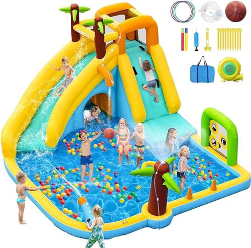 Opblaasbaar Waterglijbaan & Springkasteel 10-in-1  Waterspeelpark voor Kinderen  Met 450W Ventilator  Voor Tuin & Binnen