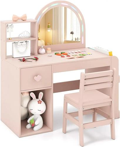 HHHK - Make-uptafel voor Kinderen - Kinder Kaptafel - Roze - Kaptafel - Kaptafel voor Meisjes - Make-up - Hout - Spiegel en Stoel