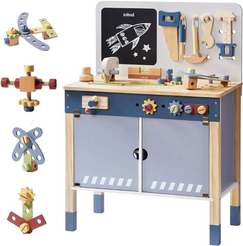 HHHK - Houten Speelgoed Werkbank - Speelgoed Gereedschap - Speelgoed - Werkbank - Hout - Blauw - 28x54x76cm - Divers Gereedschap
