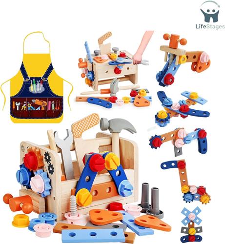 LifeStages - Kinderspeelgoed 2 Jaar - Montessori Spellen - Kinderspeelgoed - Houten Speelgoedset - Gereedschapskist voor Kinderen met Schort - Veelkleurig