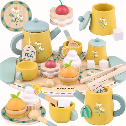 Houten Theeservies voor Kinderen - Speelgoed Thee Set met Accessoires - Rollenspel Keukenset - Houten Speelgoed Eten - Theeparty Speelgoed voor Peuters 3-4-5-6 Jaar - Educatief Cadeau voor Meisjes en Jongens - Verjaardagscadeau