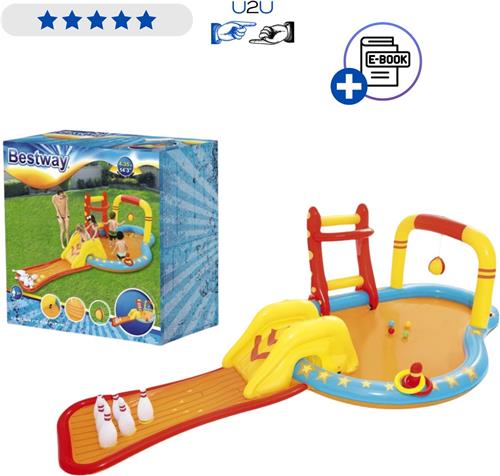 Bestway Opblaasbaar Waterpark 435x213x117 cm - Speelgoed 2 jaar - Kinder Zwembad met Glijbaan, Waterfontein, Kegels en Ringwerpspel - PVC Speelcentrum 314L - Tuin Waterspeelplaats Voor Meerdere Kinderen - Inclusief Reparatiepatch Met Ebook