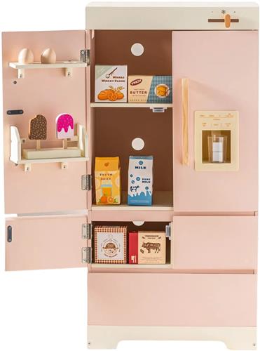 HHHK - Houten Kinder Koelkast - Roze - Wit - 45.5x28.8x92.5cm - Speelgoed Koelkast - Kinderspeelgoed - Houten Speelgoed Keuken