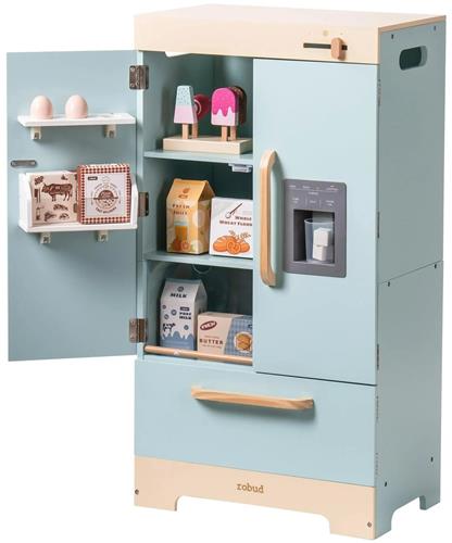 HHHK - Houten Kinder Koelkast - Blauw en Houttint - 46x28x103cm - Speelgoed Koelkast - Kinderspeelgoed - Houten Speelgoed Keuken