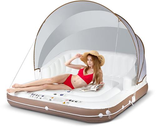 COSTWAY Opblaasbaar badeiland met intrekbare en afneembare overkapping, SPF 50+, zwemeiland met 2 bekerhouders, zwemligbed voor 2 volwassenen, belastbaar tot 200 kg