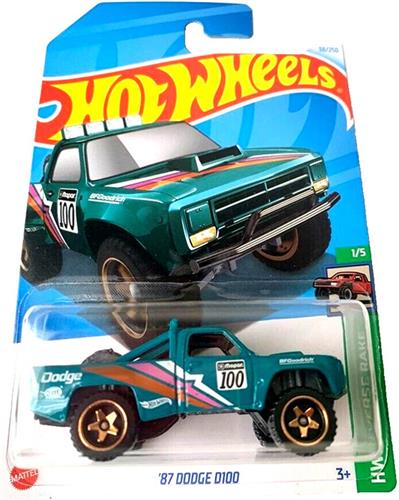 HOT WHEELS '87 DODGE D100 GREEN TURQUOISE 38/250 (1:64) HW REVERSE RAKE 1/5 LONG CARD