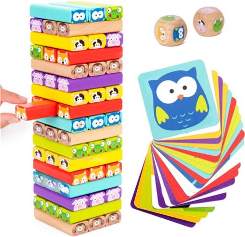 Houten Vallende Toren 4-in-1 - Educatief Gezelschapsspel Met Dieren & Kleuren - Kinderspel Voor Jongens & Meisjes 3-9 Jaar - Motoriek & Cognitieve Ontwikkeling