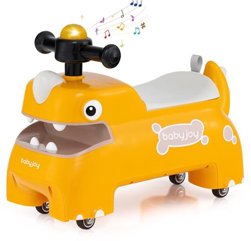 COSTWAY Glijauto, glijvoertuig met opbergruimte onder de zitting, dinosaurus, schuifvoertuig met verlichting, muziek en claxon, glijbaan auto voor kinderen vanaf 1 jaar (geel)