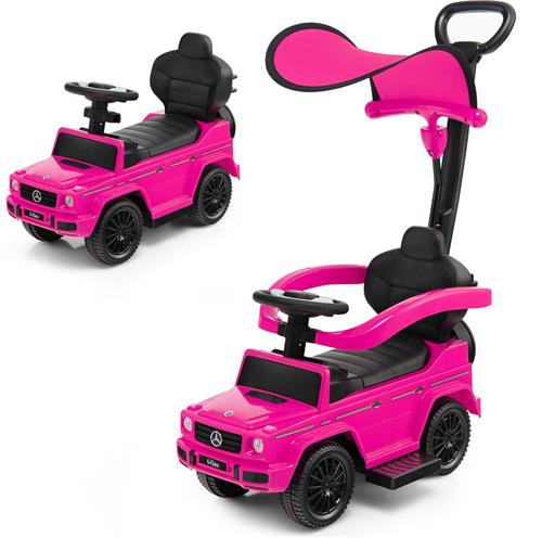 COSTWAY Mercedes Benz Glijauto, 3-in-1 glijbaan met zonnedak, opbergruimte en afneembare beschermbeugel en duwstang, glijvoertuig met motorgeluid en claxon, voor kinderen vanaf 1 jaar (roze)