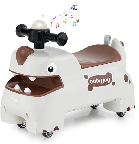 COSTWAY Glijauto, glijvoertuig met opbergruimte onder de zitting, dinosaurus, schuifvoertuig met verlichting, muziek en claxon, voor kinderen vanaf 1 jaar (wit)