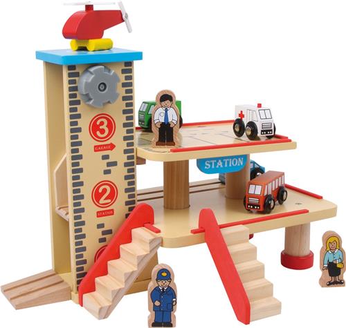 Station en parkeergarage (ruimte voor 4 voertuigen) - Houten speelgoed vanaf 3 jaar