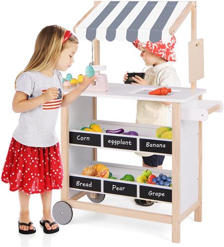 COSTWAY IJskar voor kinderen met 6 ijs, winkel hout met 2 planken, winkelwagen op wieltjes, incl. weegschaal en bel, voor kinderen vanaf 3 jaar (grijs)