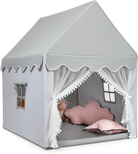 COSTWAY Kindertent voor binnen, kinderspeelhuis voor jongens meisjes prinses, kinderspeeltent met massief houten frame & katoenen plafond, kinderspeelhuis voor binnen, 120x105x140cm (grijs)