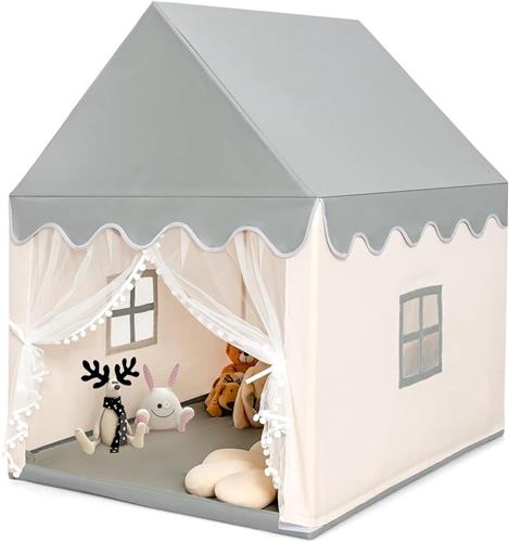 COSTWAY Kindertent voor binnen, kinderspeelhuis voor jongens meisjes prinses, kinderspeeltent met massief houten frame & katoenen plafond, kinderspeelhuis voor binnen, 120x105x140cm (beige+grijs)