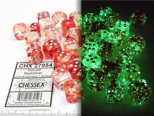 Chessex Nebula Red/silver Luminary D6 12mm Dobbelsteen Set (36 stuks)