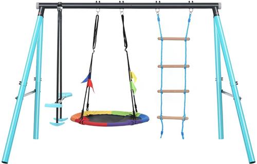 Speeltoestel  Buitenspeelset  Klimrek  Schommel  Speelset Kinderen  Metalen Frame  Verstelbare Nestschommel - 287 x 180 x 188 cm - Blauw