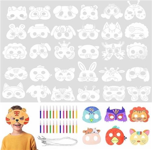 32 stuks blanco dierenmaskers om in te kleuren - creatieve maskers voor kinderen - met elastisch koord en aquarelstiften - voor Halloween, Kerstmis, podiumuitvoeringen