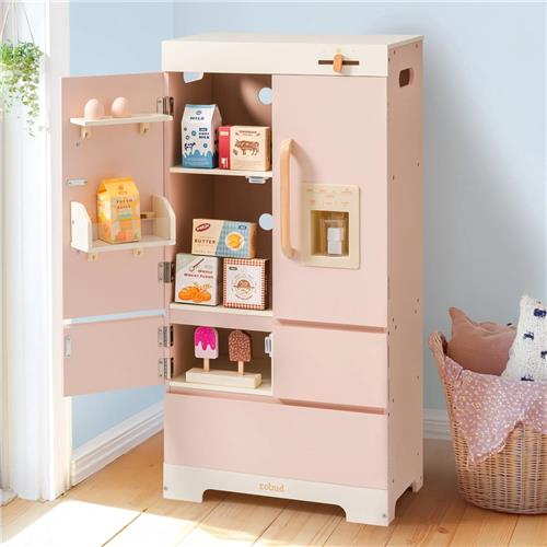 Robotime - ROBUD Houten Speel Koelkast Vriezer Set - Roze - Doen-alsof Speelset met Volledige Accessoires - Voor Peuters 3+