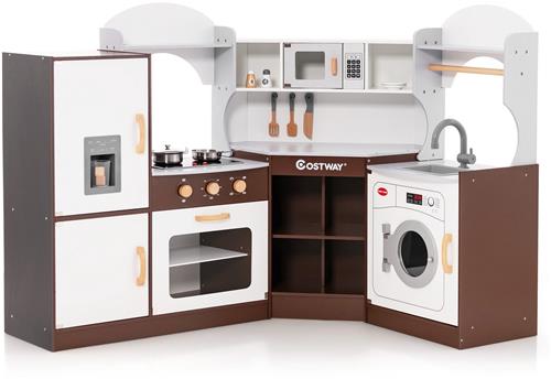 COSTWAY Hoekspeelkeuken, kinderkeuken met licht en geluid, kinderspeelkeuken met spoelbak, ijsmachine, oven, kookgerei, houten keuken, speelgoedkeuken voor kinderen vanaf 3 jaar (bruin)