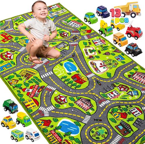 IbenzoaÂ® Interactive Play Mat - Durable Vinyl Surface with Miniature Vehicle Set - 80 x 150 cm