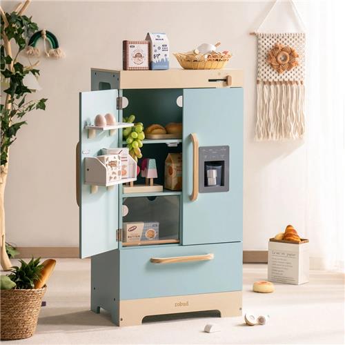 Robotime - ROBUD Houten Speelgoed Koelkast Vriezer Set - Hemelsblauw - Speelset met Volledige Accessoires - Voor Peuters 3+