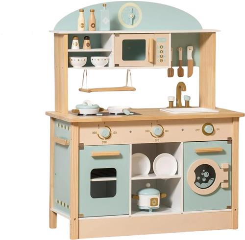 HHHK - Speelgoed Keuken - Speelkeuken - Houten Keuken - Met Wasmachine en Oven 35x75x98cm - Blauw en Hout Tinten - Kinderkeuken