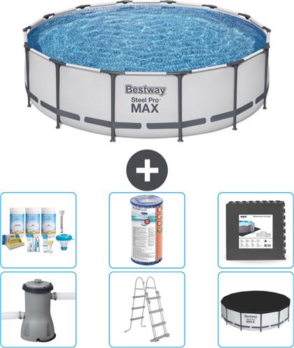 Bestway Rond Steel Pro MAX Zwembad - 427 x 107 cm - Grijs - Inclusief Pomp - Ladder - Afdekzeil Onderhoudspakket - Filter - Vloertegels