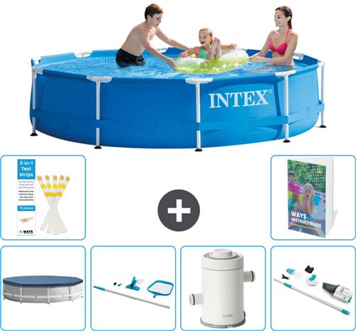 Intex Rond Frame Zwembad - 305 x 76 cm - Blauw - Inclusief Afdekzeil - Schoonmaakset - Zwembadfilterpomp - Stofzuiger - 7-delig