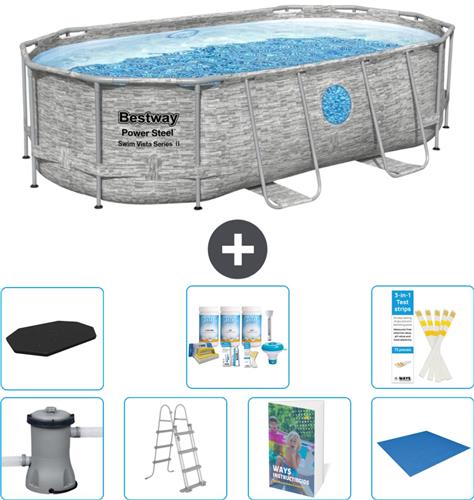 Bestway Ovaal Power Steel Swim Vista Zwembad - Steenprint - 427 x 250 x 100 - Inclusief Pomp - Ladder - Afdekzeil - Onderhoudspakket - Grondzeil - 8-delig