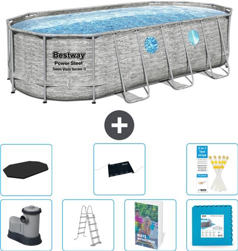 Bestway Ovaal Power Steel Swim Vista Zwembad - Steenprint - 549 x 274 x 122 - Inclusief Pomp - Ladder - Afdekzeil - Solar Mat - Vloertegels - 8-delig