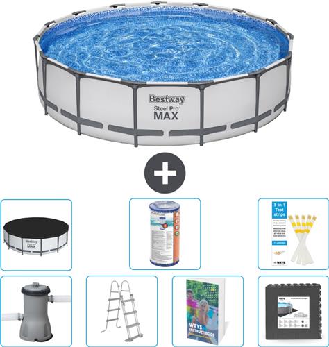 Bestway Rond Steel Pro MAX Zwembad - 457 x 107 cm - Grijs - Inclusief Pomp - Ladder - Afdekzeil - Filter - Vloertegels - 8-delig