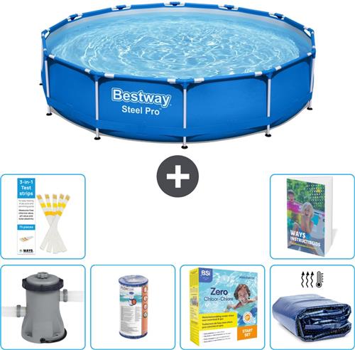 Bestway Rond Steel Pro Zwembad - 366 x 76 cm - Blauw - Inclusief Pomp Filter - Onderhoudspakket - Solarzeil - 7-delig