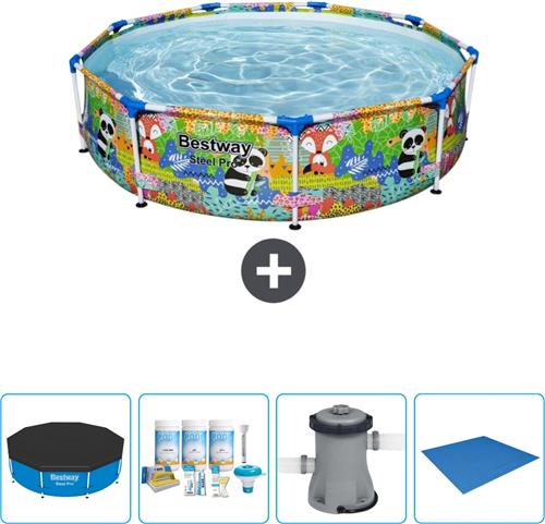 Bestway Rond Steel Pro Zwembad - 274 x 66 cm - Dierenprint - Inclusief Afdekzeil - Onderhoudspakket - Pomp - Grondzeil