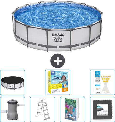 Bestway Rond Steel Pro MAX Zwembad - 457 x 107 cm - Grijs - Inclusief Pomp - Ladder - Afdekzeil - Onderhoudspakket - Vloertegels - 8-delig