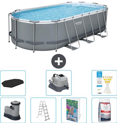 Bestway Ovaal Power Steel Zwembad - 549 x 274 x 122 - Grijs - Inclusief Pomp - Ladder - Afdekzeil - Zoutwatersysteem - Zwembadzout - 8-delig