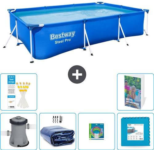 Bestway Rechthoekig Steel Pro Zwembad - 300 x 201 x 66 cm - Blauw - Inclusief Pomp Solarzeil - Speelgoed - Vloertegels - 7-delig